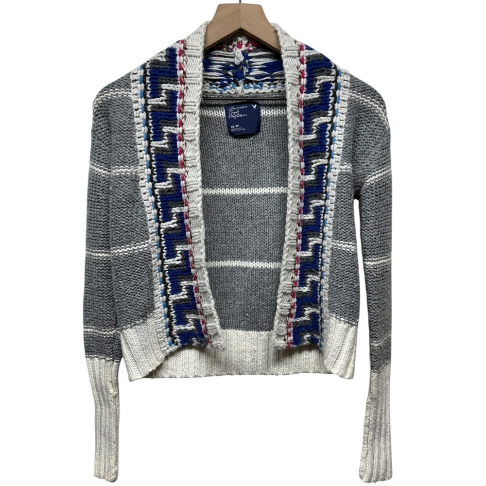 VTG Y2K American Eagle‎ Sweater Women XS Open Front Cardigan Gray Southwestern